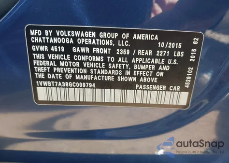 2016 Volkswagen Passat 1.8T Se from USA, damaged, VIN 1VWBT7A38GC009794